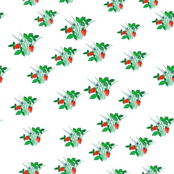 イチゴのシームレスなパターン イチゴと白花と緑の葉で茂み 水彩画 子供服 カーテン 枕を飾るために適しています — ストック写真