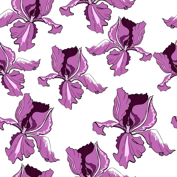 Seamless pattern with purple iris flowers. Vector illustration Creative realistic doodle tattoo. Vintage paintings, postcards, background, wallpaper. Interior Design. Gift Flowers for Women