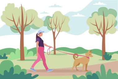 Yazın köpek gezdiren bir kadın. Düz şekilli şirin vektör çizimi. Genç bir kadın, genç bir kız ya da öğrenci, tasmalı bir köpek gezdiren profesyonel bir kadın.