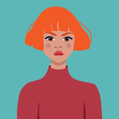 Örnek bir kızın portresi. Genç iş kadını. Uluslar ve ırklar. Amerikalı öğrenci. Vektör düz çizim. Avatarlar için harika. Eski moda renk posterleri veya broşürler.