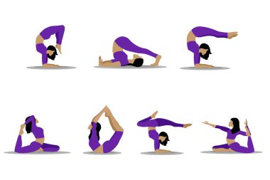 Kadın yogası. Yoganın farklı pozlarındaki güzel bir kızın vektör çizimi. Kadınlar spor, yoga ve spor yapar. Spor. Vektör düz resimleme.