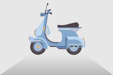 Retro scooter. Yan görüş. Eski bir motosikletin detaylı görüntüsü. Moped vektör illüstrasyonu beyazda izole edildi. Nakliye aracı. Tasarım elemanı. Çıkartmalar, çıkartmalar, hatıra defterleri için.