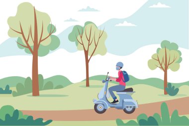 Motosikletle mal teslimatı için kurye. Teslimatla birlikte online servis. Covid19 Coronavirus salgını sırasında güvenlik. Yüz maskeli bir adam teslimat için scooter kullanıyor. Vektör illüstrasyonu