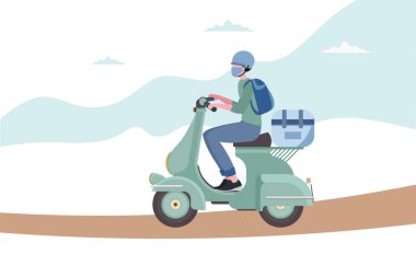 Motosikletle mal teslimatı için kurye. Teslimatla birlikte online servis. Covid19 Coronavirus salgını sırasında güvenlik. Yüz maskeli bir adam teslimat için scooter kullanıyor. Vektör illüstrasyonu