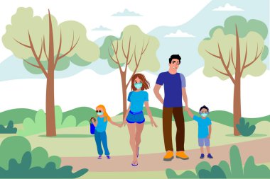 Bir aile. Anne, baba ve maskeli çocuklar. Avrupa 'da karantina ve izolasyon önlemleri. Sokaktaki maskeli insanlar hastalıkları, koronavirüsleri, gribi, hava kirliliğini önlemek için. Vektör illüstrasyonu