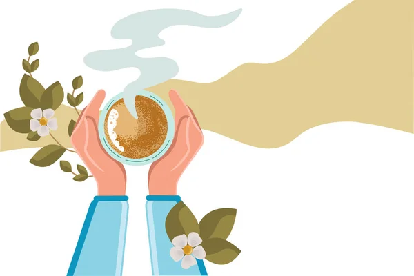 Vektorillustration Des Teetrinkens Teezeit Tasse Hände Von Oben Weiblich Grüne — Stockvektor