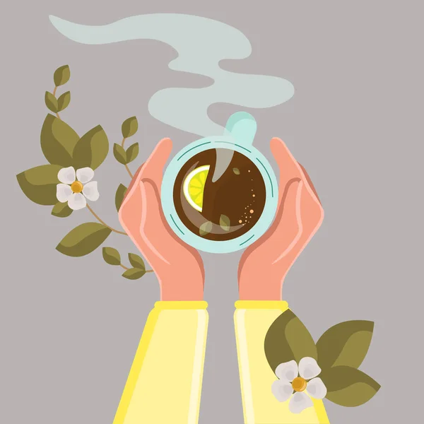 Vektorillustration Des Teetrinkens Mit Zitrone Teezeit Tasse Hände Von Oben — Stockvektor