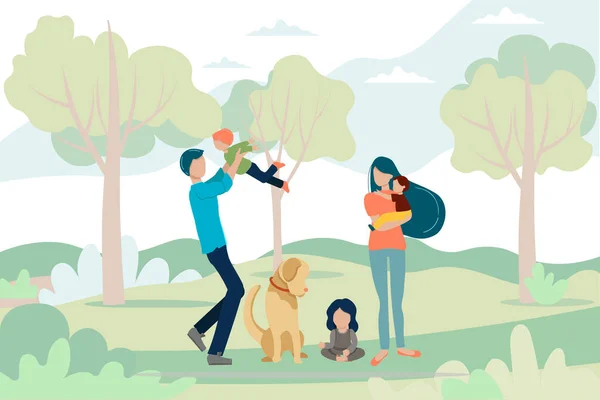 快乐的一家人在城市公园里散步 儿子和女儿一起生活在户外 用卡通风格的矢量图解 网页设计模板 — 图库矢量图片
