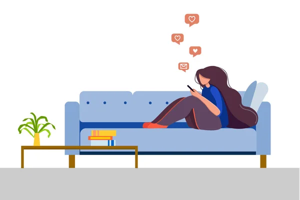 Stay Home Concept Young Woman Couch Smartphone Chatting Social Networks — Stock Vector