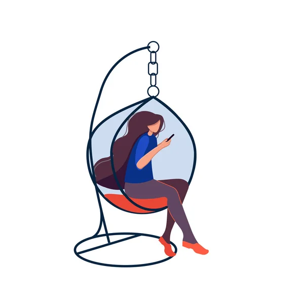 这个女孩坐在舒适的吊椅上 与朋友们在电话里交流 社交网络 自由撰稿人 私人空间 待在室内 — 图库矢量图片