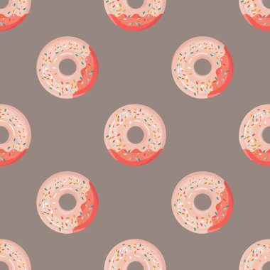 Kusursuz desenli, kahve arka planında renkli çörekler var. Yukarıdan bak. Tariflerin, menülerin, mutfak bloglarının tasarımı, kafelerin tasarımı, kutuların dağıtımı, kırtasiyeler için.