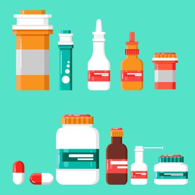 Medicine Icon Set. Etiketli ilaç şişeleri, ilaç şişeleri, tabletler, kapsüller, reçeteler, vitaminler vs. Eczacılık konteynırları beyaz arka planda izole edildi.