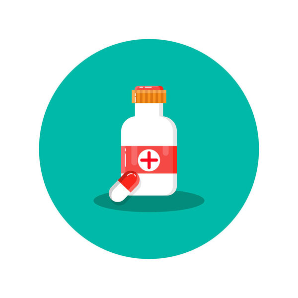 Bottle with label for food, pills, capsules, recipes, vitamins, etc isolated on a white background. For the design of the concepts of medicine, stickers, banners.