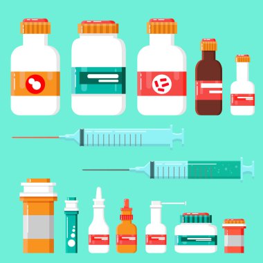 Medicine Icon Set. Etiketli ilaç şişeleri, ilaç şişeleri, tabletler, kapsüller, reçeteler, vitaminler vs. Eczacılık konteynırları beyaz arka planda izole edildi.