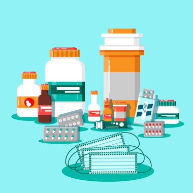 Etiketli ilaç şişeleri, ilaç şişeleri, tabletler, kapsüller, reçeteler, vitaminler, tıbbi yüz maskeleri vs. İlaç konteynırları. Salgın sırasında hijyen..