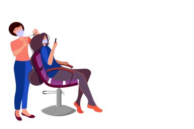 Güzellik salonu. Karantinadan sonra açılıyor. Maskeli kuaför ve ziyaretçi. Profesyonel işçilerin olduğu şık bir salon. Rahatlama. Çizgi film düz stili. Vektör illüstrasyonu