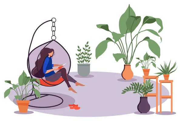 少女は快適な吊るし椅子に座って本を読んでいる 冬の庭 たくさんの花 鉢植え 素敵で快適なインテリアデザイン 個人の空間 家にいて — ストックベクタ