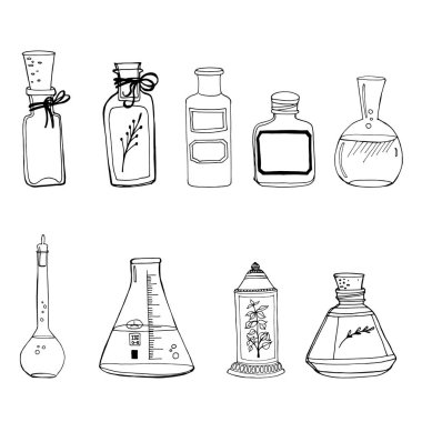 İksir, ilaç, iksir, özü, ilaç yağı, ilaç şişesi illüstrasyonu, çizim, oyma, mürekkep hattı vektörü antika doldurulmuş sıvı şişeler.