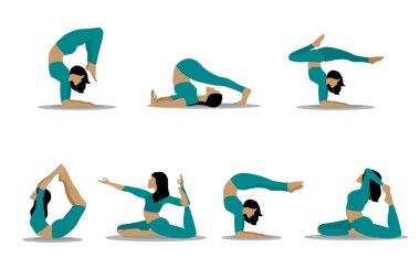 Kadın yogası. Yoganın farklı pozlarındaki güzel bir kızın vektör çizimi. Kadınlar spor, yoga ve spor yapar. Spor. Vektör düz resimleme.