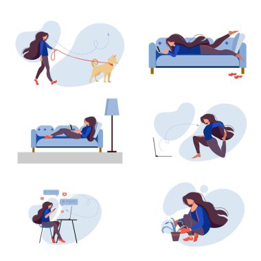 Ev Etkinlikleri İllüstrasyon Seti. Kız ev bitkileriyle ilgileniyor, kitap okuyor, internetten yoga yapıyor, köpekle yürüyor, dizüstü bilgisayarla çalışıyor. Koronavirüs yüzünden karantina altında..