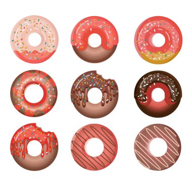 Kremalı çörekleri beyaz arka planda izole et. Pembe, çikolata, vanilya jöleli ve şekerli tatlı donutlar. Tariflerin, menülerin, mutfak bloglarının, kırtasiyelerin tasarımı için..