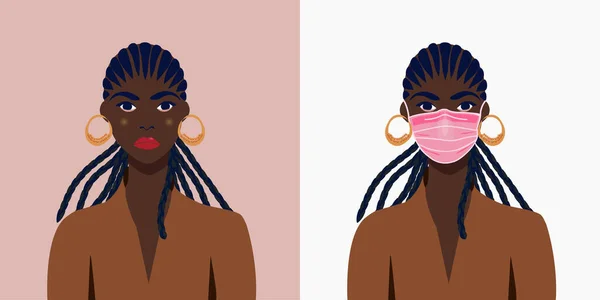 戴着面具 没有面具的美丽的非洲裔美国女孩 在公共场所一定要戴上口罩 防止结肠病毒或呼吸道病毒 预防感染 — 图库矢量图片