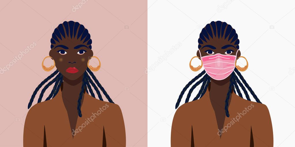 Beautiful african american girl in a mask and without a mask. Be sure to wear a mask in public places. Protection against coronavirus or respiratory virus. Infection prevention.