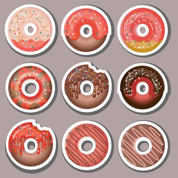 Conjunto Adesivos Redondos Donut Com Creme Donuts Lustrosos Bonito Com —  Vetores de Stock