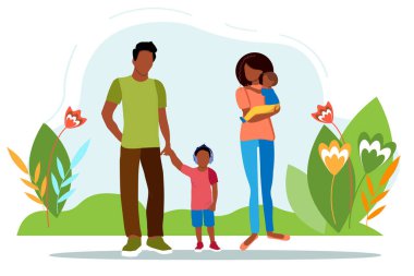 Çocuk çizimi yapan mutlu siyahi bir aile. Anne, baba ve çocuklar yürüyor. Kadın, erkek, kız, erkek. Afrikalı Amerikan ailesi. Web sitesi, pankart, kırtasiye için kavram.