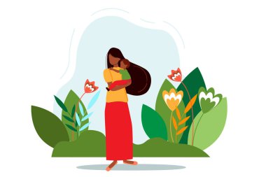 Parkta parlak elbiseli çocuklu mutlu zenci bir anne yürüyor. Vektör çizimi. Kadın, kız, erkek. Afrikalı Amerikan ailesi. Web sitesi konsepti, afiş, kırtasiye.