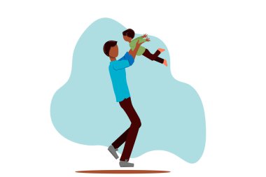 Çocuklu mutlu siyahi baba oynuyor. Babam oğlunu kustu. Vektör çizimi. Erkek, kız, erkek. Afrikalı Amerikan ailesi. Web sitesi konsepti, afiş, kırtasiye.