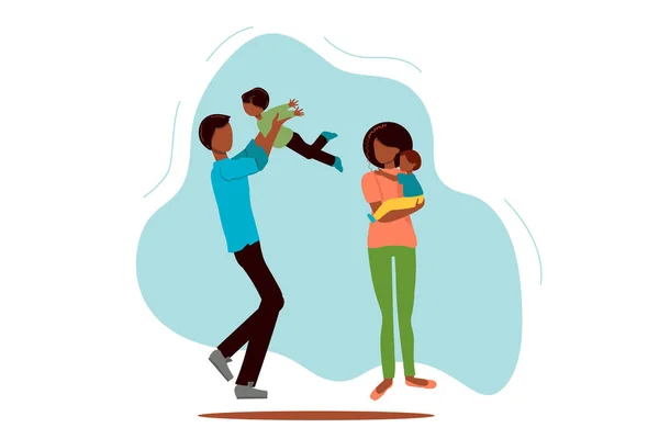 扁平快乐的黑人家庭 带着孩子的病媒图解 爸爸和孩子们在散步 非裔美国人家庭 文具概念 — 图库矢量图片