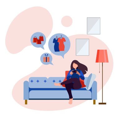 Kanepede oturan mutlu kız internetten alışveriş yapıyor, internette geziniyor. Online alışveriş kızı bilgisayar uygulaması konseptini kullanarak. Stok Vektör Grafikleri