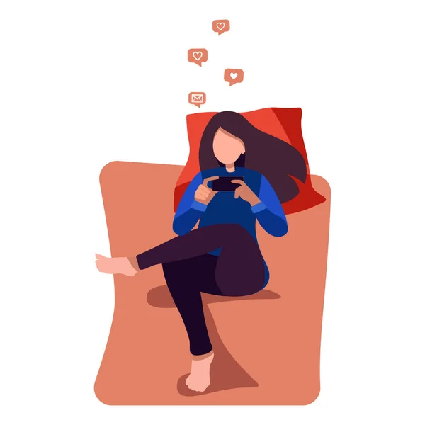 Restez Maison Concept Jeune Femme Sur Lit Avec Smartphone Bavardant — Image vectorielle