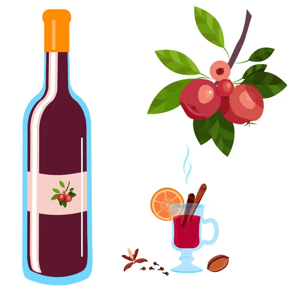 Mulled wine with a glass of drink and ingredients. Apple branch. Vector flat illustration on a white background. Food Design Element. — Stock Vector