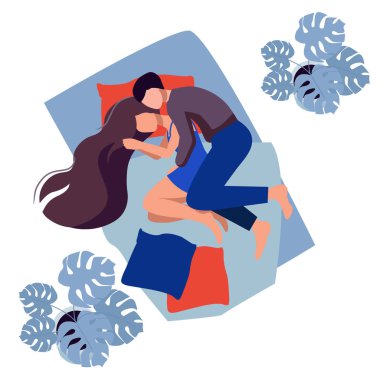 Tatlı, genç bir çift yatakta uzanıyor ve sarılıyorlar. Uyu. İyi geceler. Karakterler erkek ve kız yatakta uyuyor..