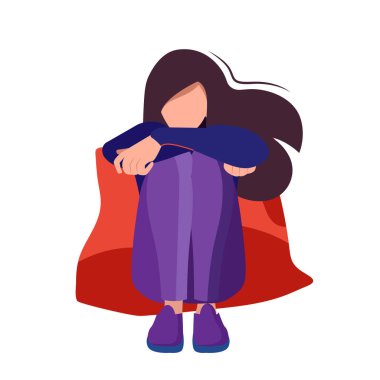 Depresyondaki genç kız. Üzücü, depresyon konsepti, beyaz arkaplanda izole edilmiş düz vektör çizimi.