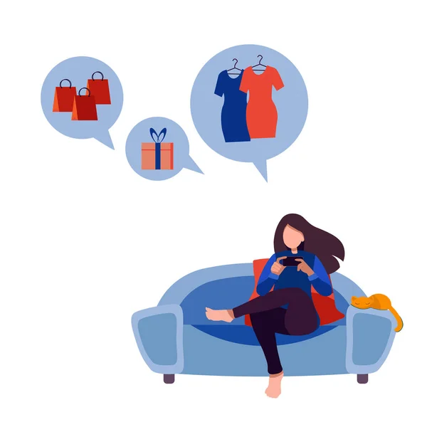 Chica feliz sentado en el sofá hace compras en Internet, navegar por Internet en el teléfono . — Archivo Imágenes Vectoriales