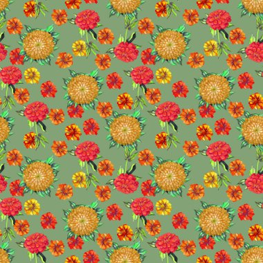 Parlak renkli çiçeklerin kusursuz deseni. Zinnia çiçekleri. Yumuşak turuncu ve kırmızı suluboya yıldız çiçeği, zinya. Yaz çiçekleri. düğün davetiyesi, tebrik kartı, hatıra defteri, baskı.