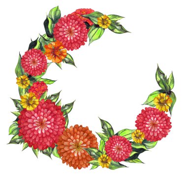 Yumuşak turuncu ve kırmızı suluboya yıldız çiçeği, zinya. Yaz çiçekleri. Ramkadlya düğün davetiyesi, tebrik kartı, hatıra defteri, baskı. Çiçekli ve yeşillikli desen.