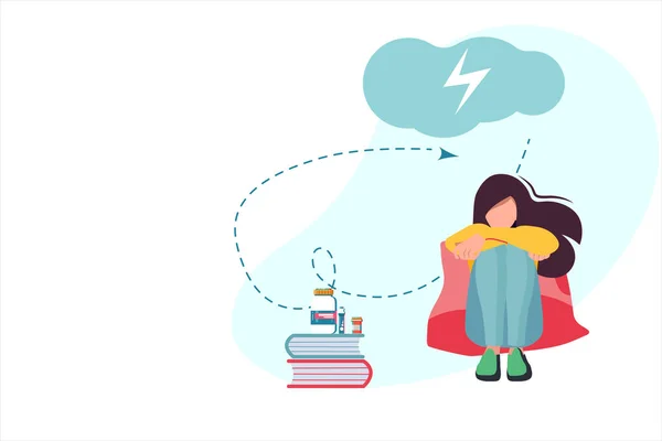 Depression Depressed Girl Sits Thinks Thunderclouds Lightning Loneliness Depression Social — Stock Vector