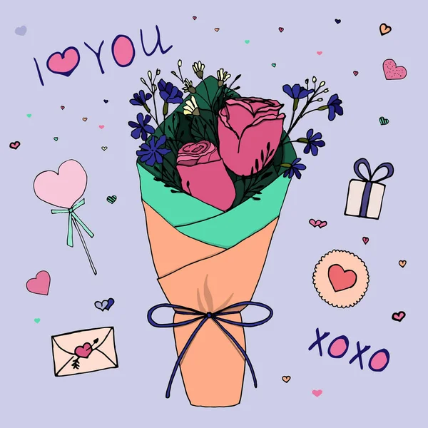 Een Klein Boeket Rozen Andere Bloemen Voor Valentijnsdag Cadeau Hart — Stockvector