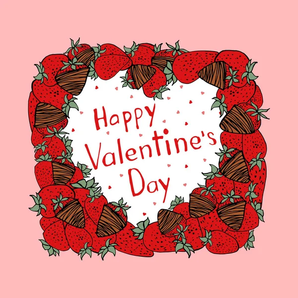 Jolie Carte Rose Avec Fraise Cœur Lettrage Pour Saint Valentin — Image vectorielle