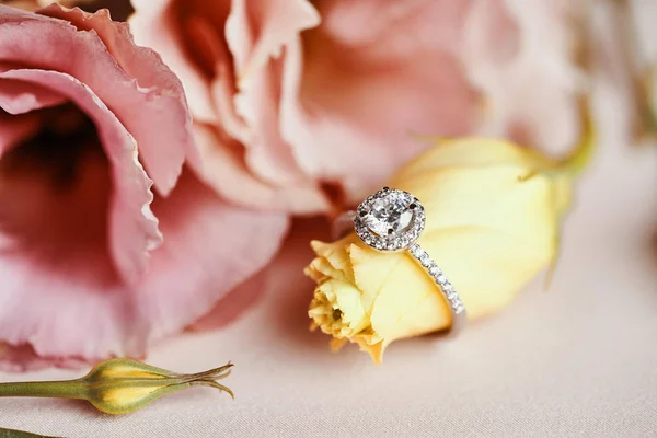 Macro Tiro Ouro Branco Caro Anel Diamante Belas Flores Rosa — Fotografia de Stock