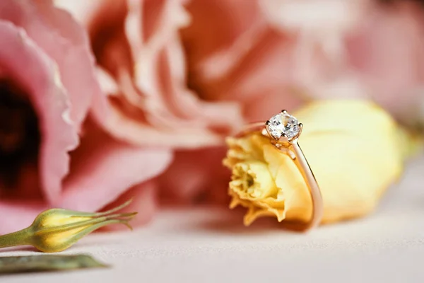 Diamond guld ring och rosa blomma bakgrund — Stockfoto