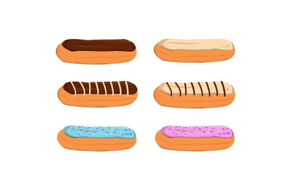 Set Diversi Eclairs Collezione Eclair Dolce Saporito Pane Forno Panificio — Vettoriale Stock