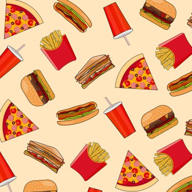 Fast food tasarımı. Fast food geçmişi pizza, sandviç, patates kızartması, sosisli ve hamburger.