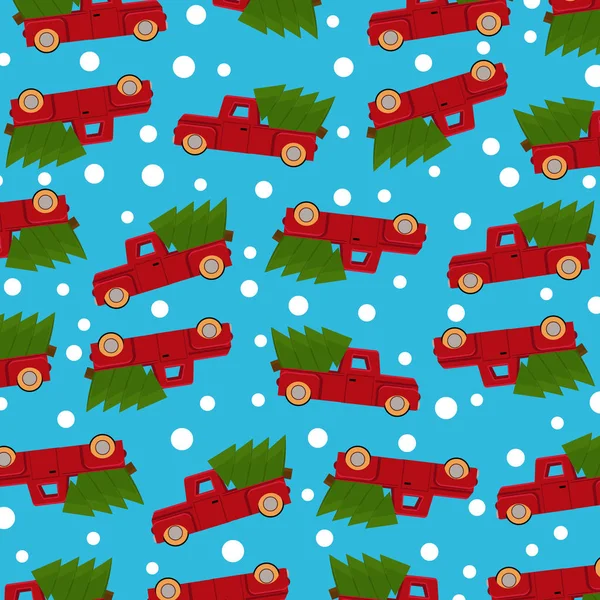 Kırmızı kamyonetli ve noel ağaclı bir Noel deseni. Kırmızı kamyonet ve Noel ağacı ile kış desenli tasarım