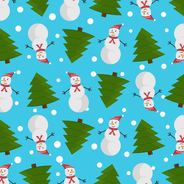 Wintermuster Mit Schneemann Und Weihnachtsbaum Weihnachtsmuster Winterlicher Hintergrund — Stockvektor