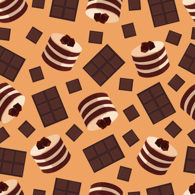 Çikolatalı pasta desenli, çikolata dilimli. Çikolatalı tatlılar arka planda